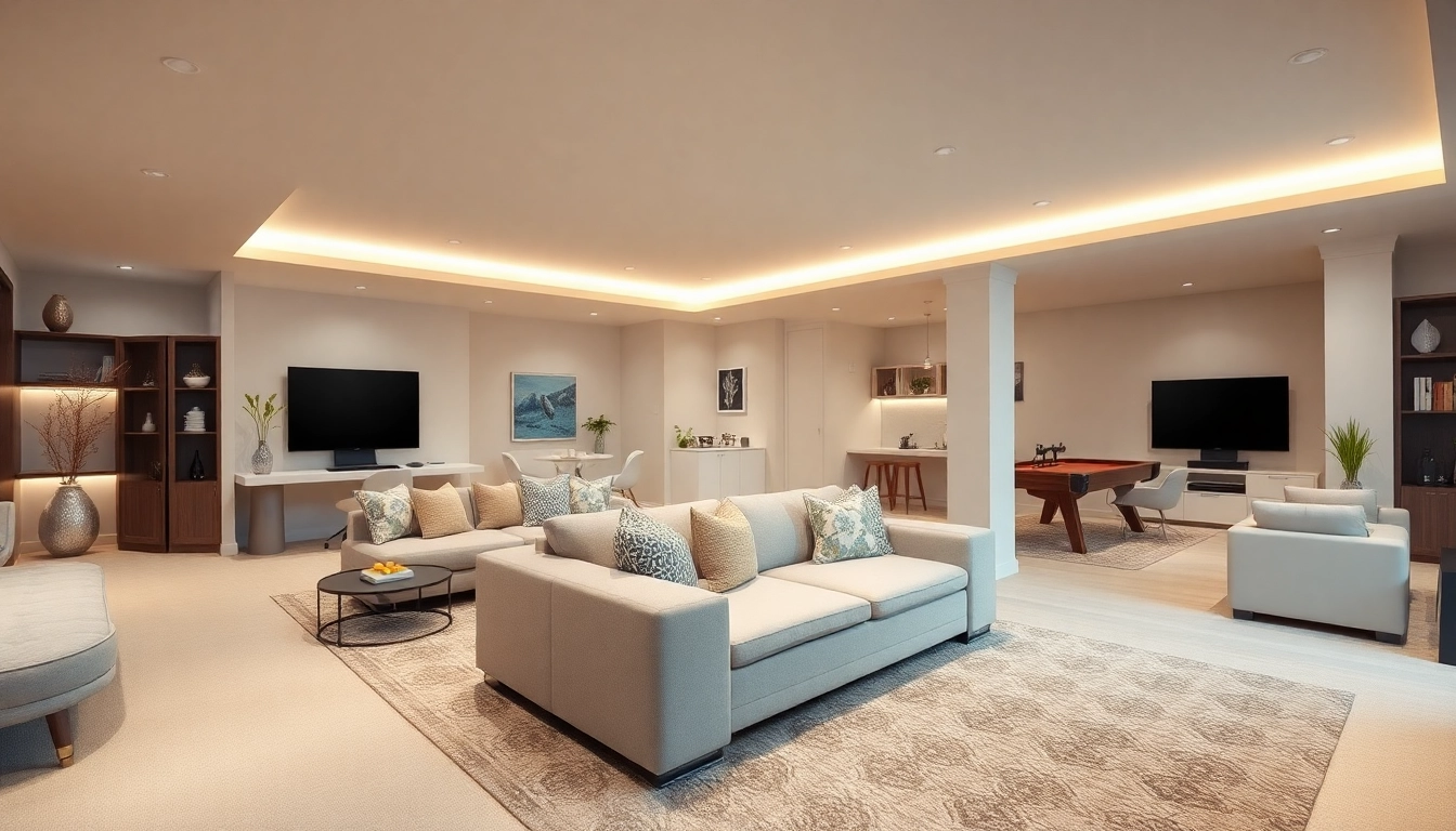 Stunning basement renovation featuring a modern living space, perfect for family gatherings.