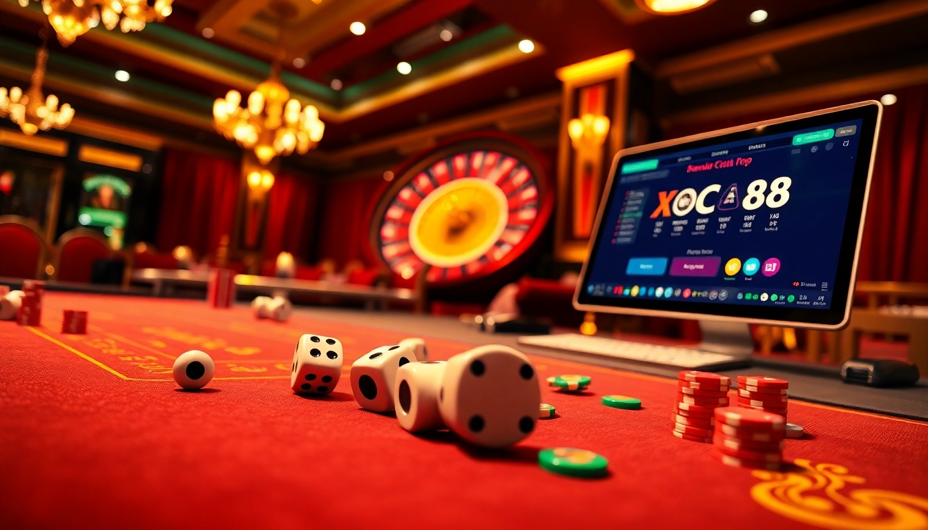 Xocdia88 gaming experience with exciting casino elements like roulette, poker chips, and online gameplay
