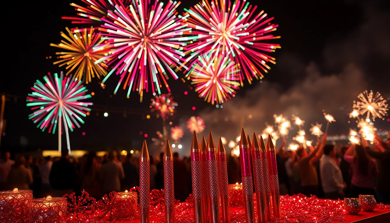 Exciting fireworks for sale showcased at a festive celebration with vibrant colors and designs.