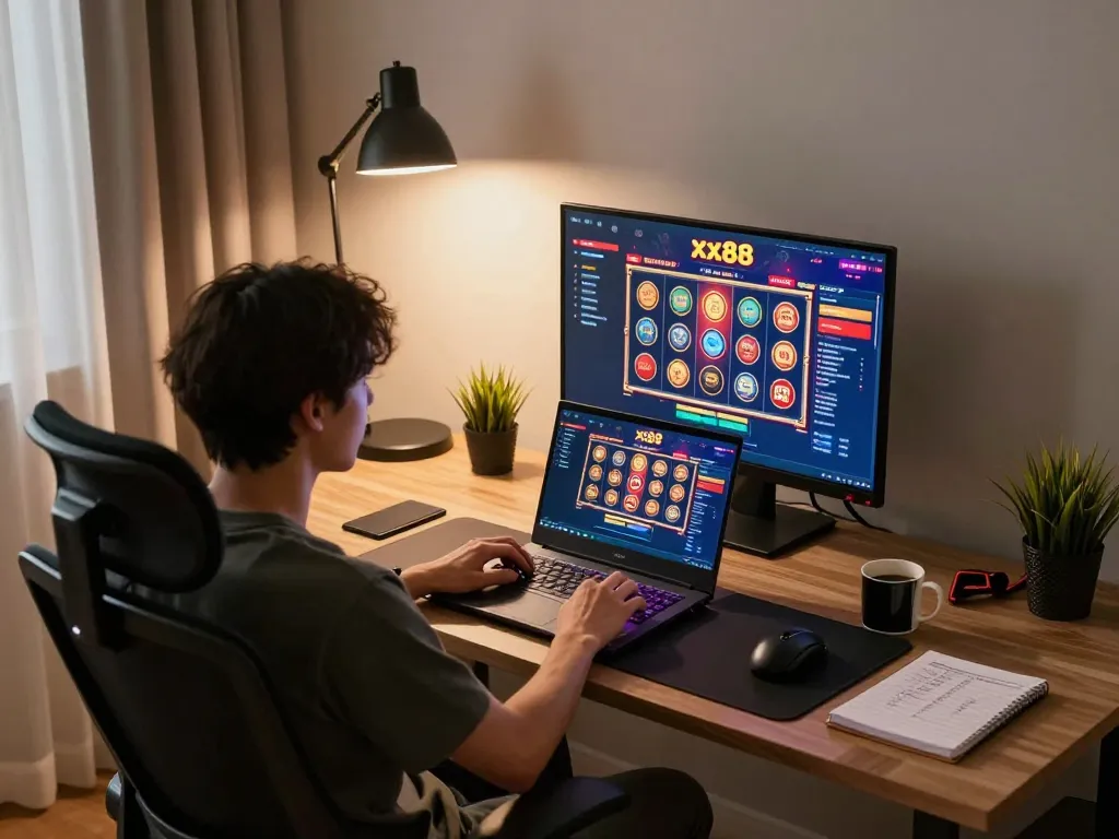 Player engaging with xx88 online casino on laptop, vibrant graphics creating an immersive gambling experience