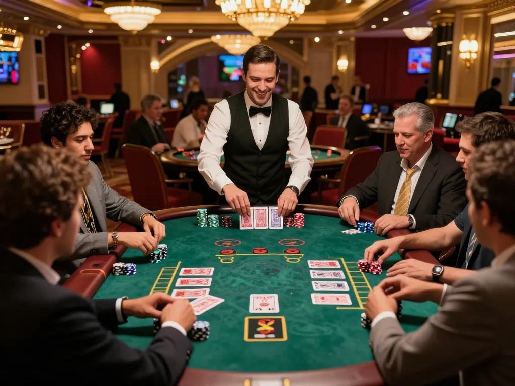 Players engaging in an exciting blackjack game at a Vegas casino with 7m1 on the table, showcasing strategic betting and high-stakes atmosphere