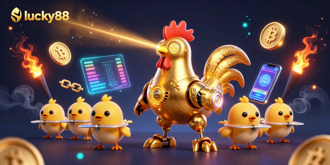 Engage in the thrilling world of lucky88 with a vibrant 3D illustration featuring a golden rooster robot and crypto elements.