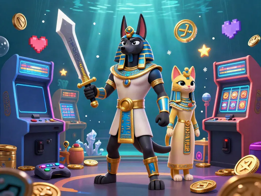 Experience the thrill of mu88 with Anubis and Bastet in a vibrant casino scene featuring slots and arcade games.
