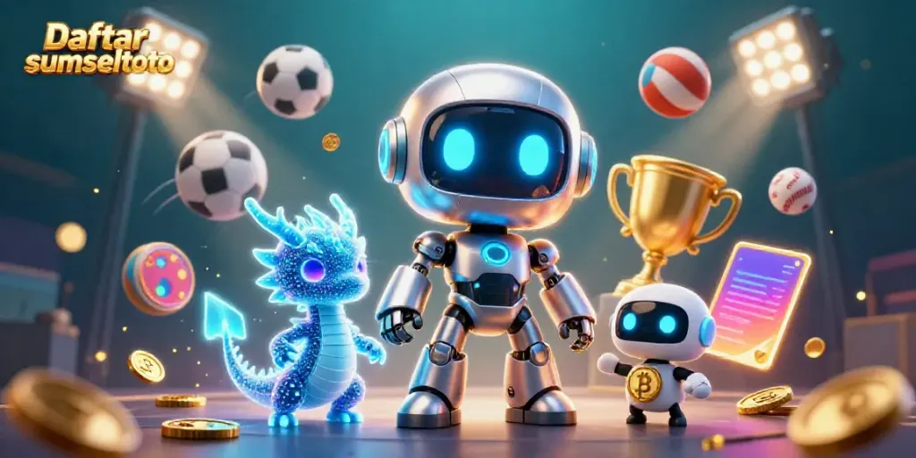 Experience exciting gambling with Daftar sumseltoto, featuring a vibrant 3D casino scene with robotic mascots.