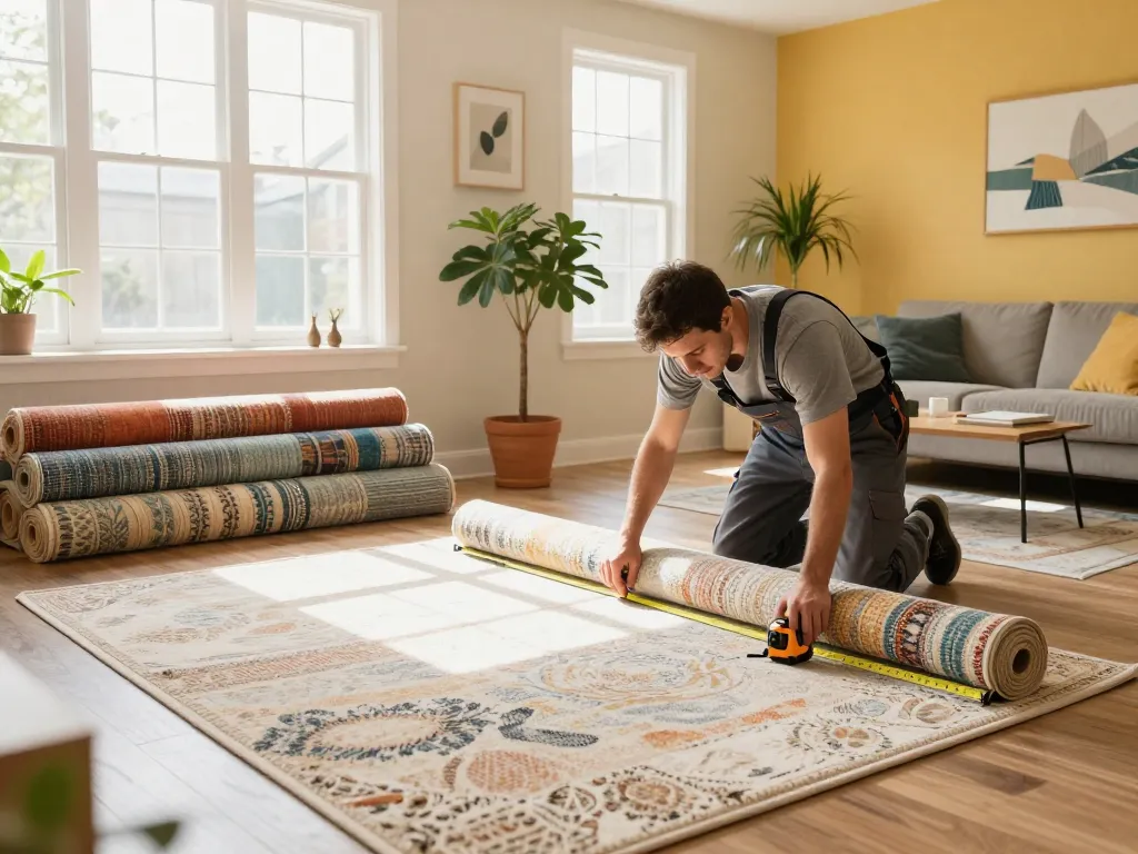 Professional installing bright carpet during residential carpet installation in a modern living room.