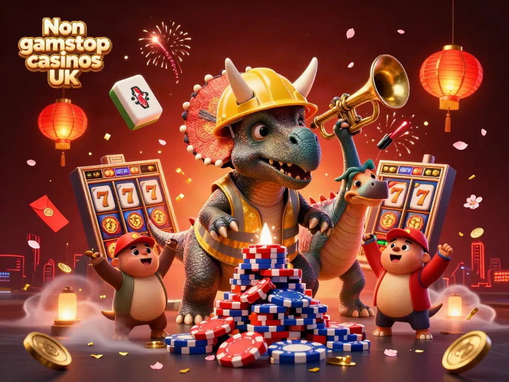 Experience the thrill of Non gamstop casinos UK with a 3D dinosaur-themed casino illustration showcasing vibrant animations.