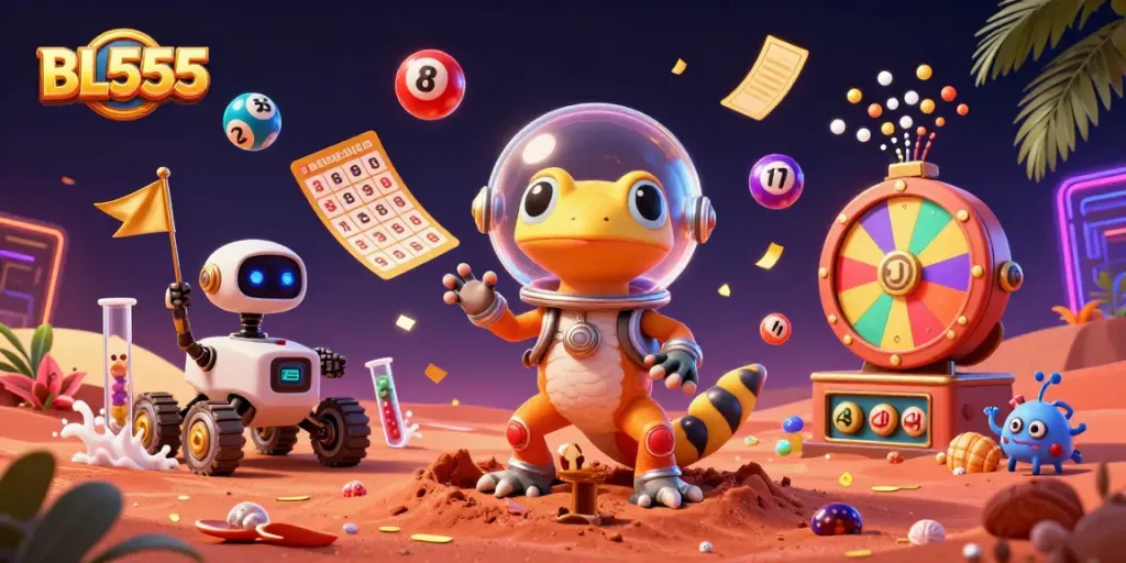 Engage in thrilling gaming action at BL555, with vibrant lottery balls and exciting casino elements.