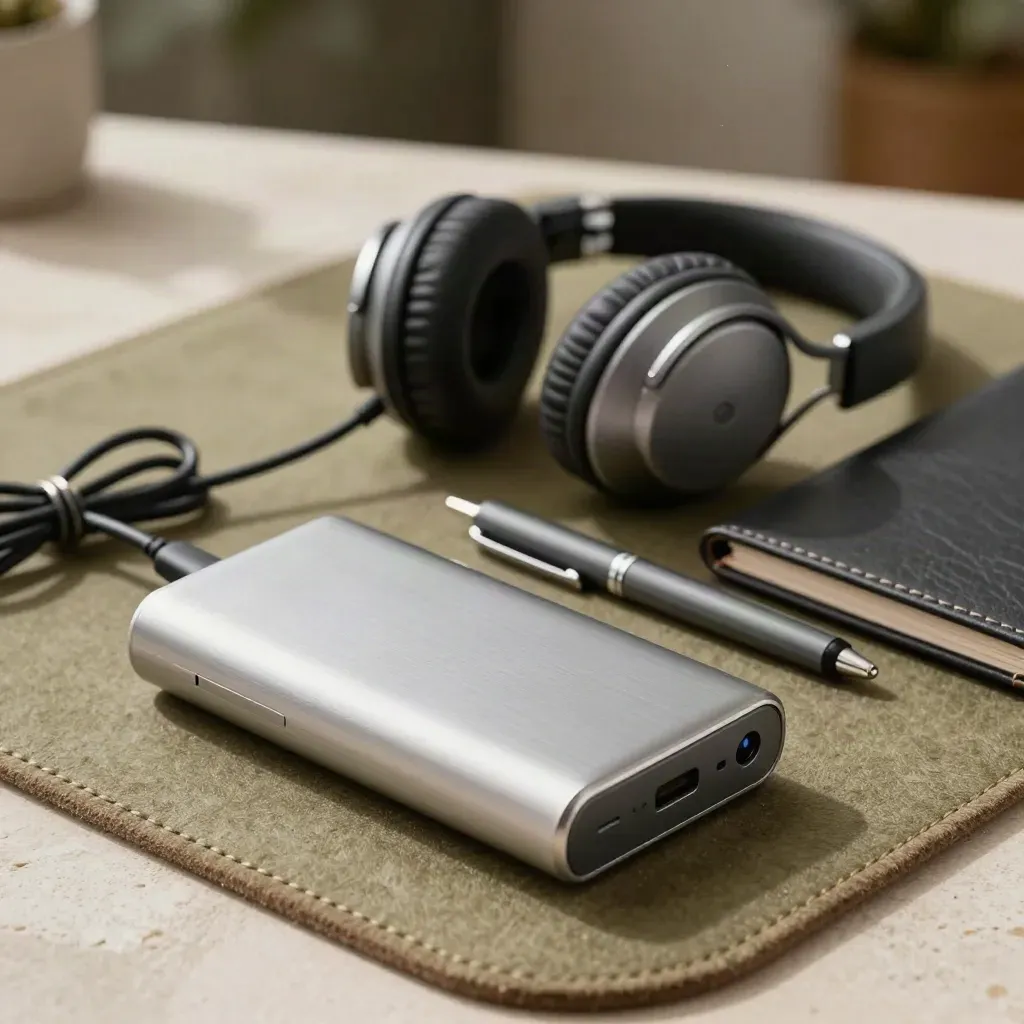 Macro freelancer kit with power bank, worn headphones, pen, folio and cable on khaki felt.