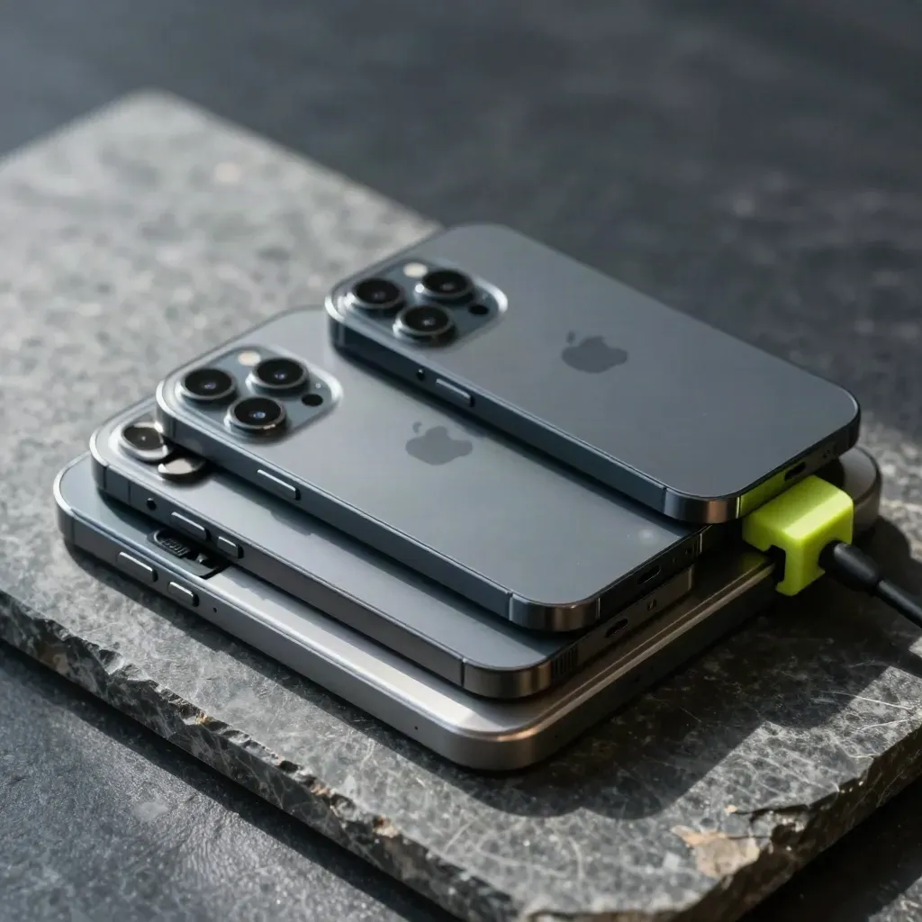 Overhead still life of three smartphones, a modular dock and cable clips on dark stone.