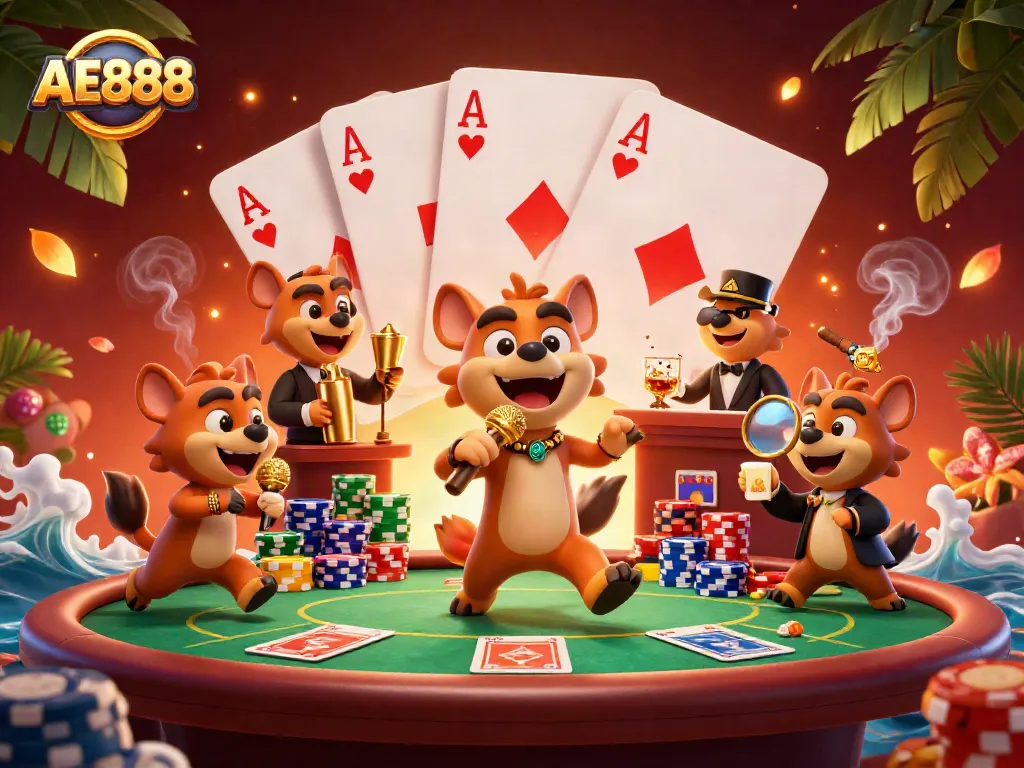 Hyenas in a vibrant AE888 casino club, engaging in comedy and gaming activities.