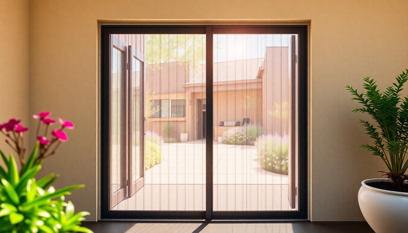 Showcasing a modern fly screen door installed at a home entrance with a landscaped garden.