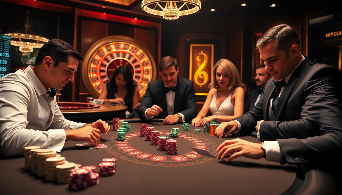 Experience the excitement of HITCLUB at a luxury casino poker table with professional players.