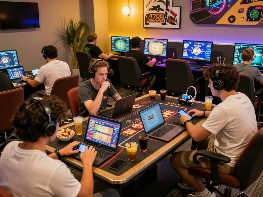 Players engaging in thrilling online games at AZ888 with laptops and smartphones, showcasing a dynamic gaming environment.