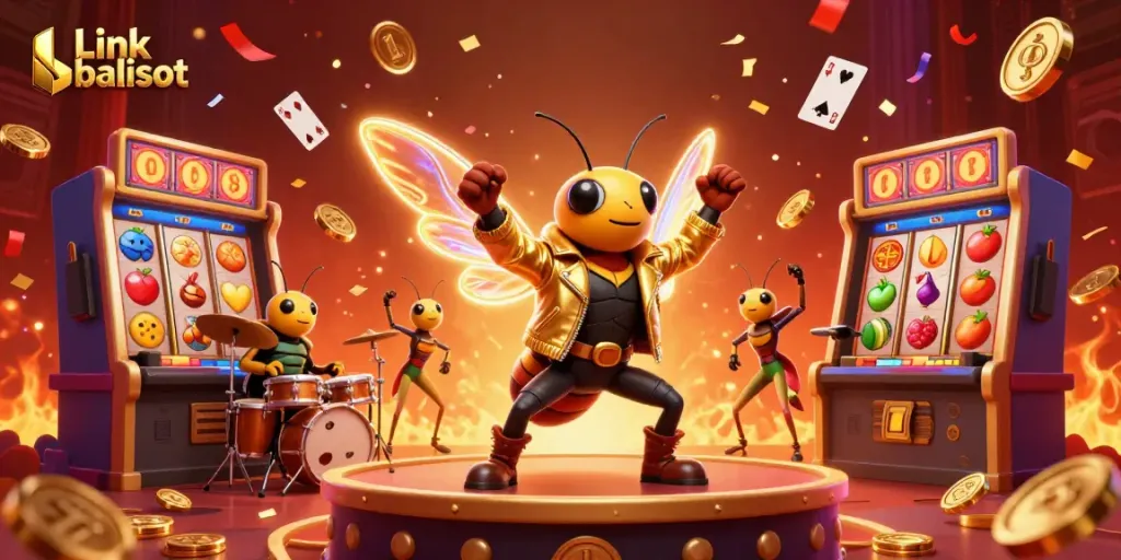 Experience the excitement of Link balislot with 3D rockstar performances alongside vibrant casino elements.