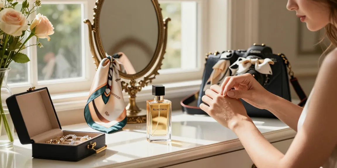 Woman applying Razalympea fragrance in a luxurious setting with elegant décor.