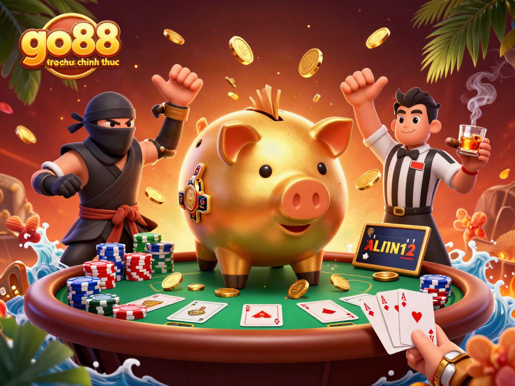 Engage with go88 trang chu chinh thuc as a golden piggy bank sumo wrestler stomps coins in a vibrant casino!