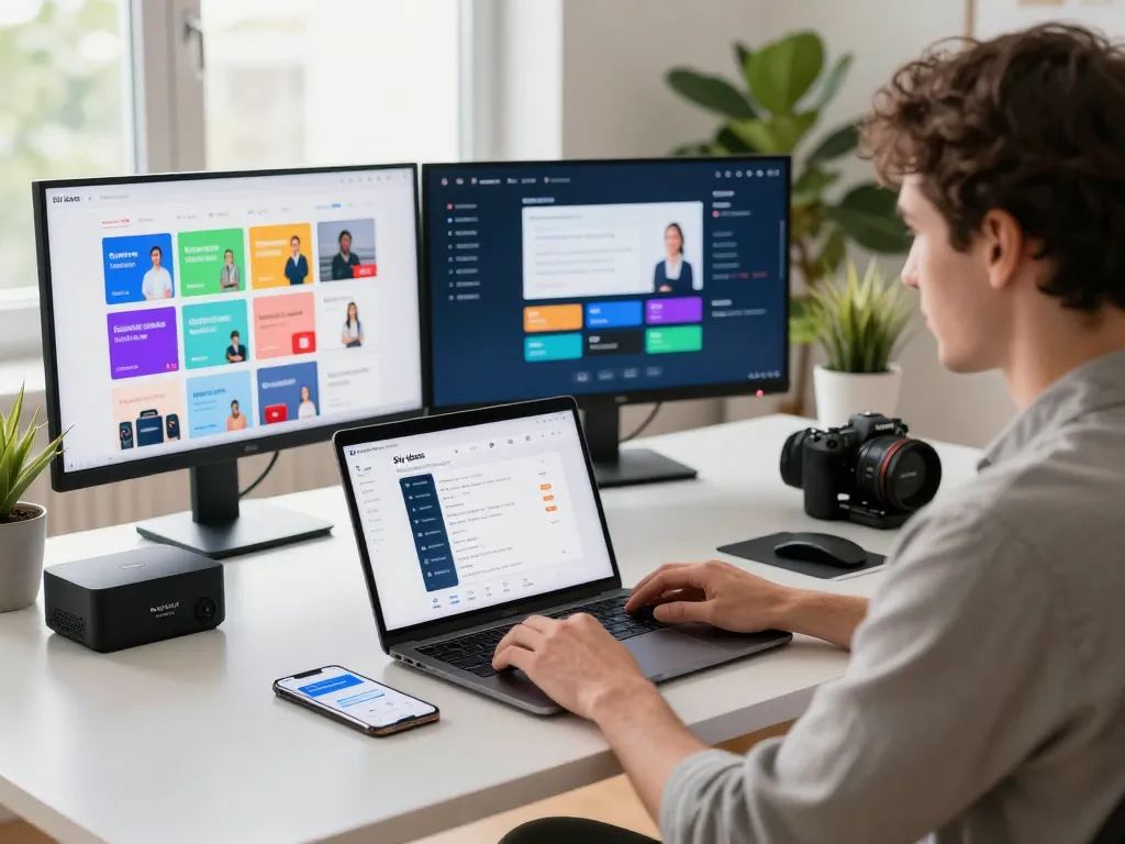 Entrepreneur managing the Sky Glass IPTV Reseller Panel from a modern home office