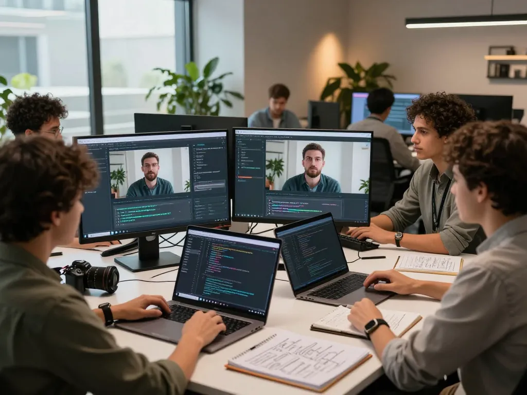 Team of professionals using video to prompt AI analysis in a modern workspace.