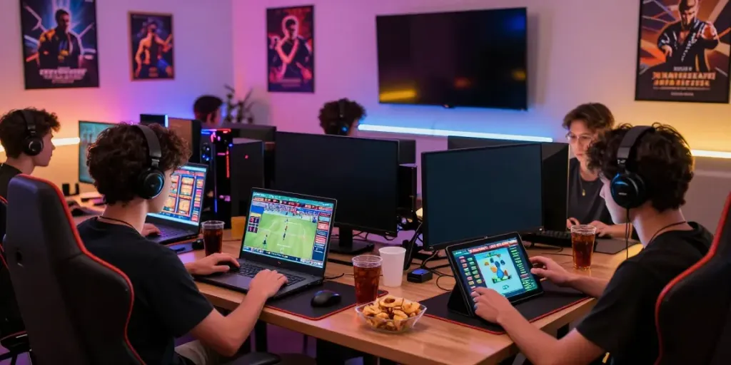 9bet players enjoying an interactive online gaming experience in a vibrant setting