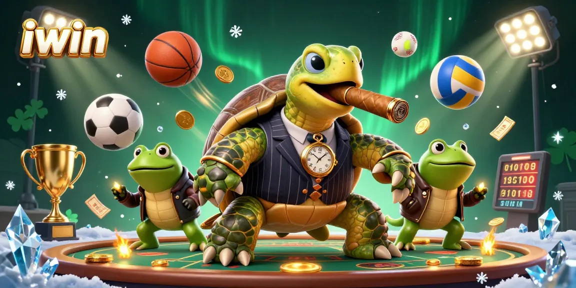 Experience iwin's dynamic casino scene with a mobster turtle and bullfrog enforcers among thrilling sports elements.