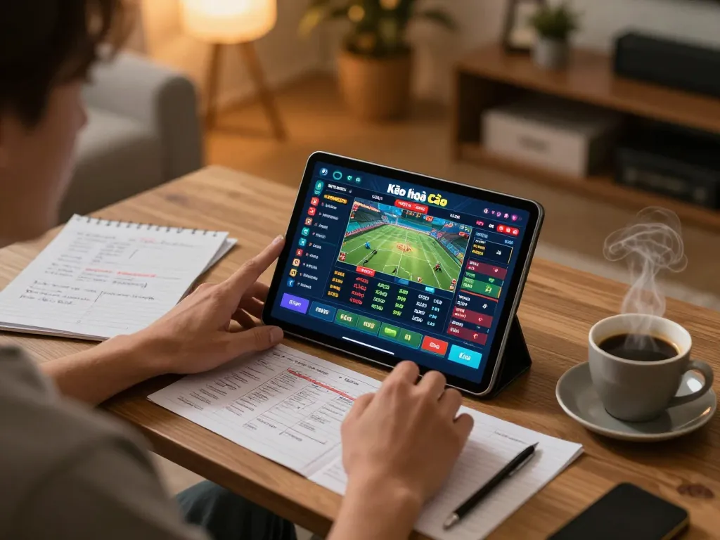 Kèo nhà cái betting interface displayed on tablet during a cozy home gaming session.