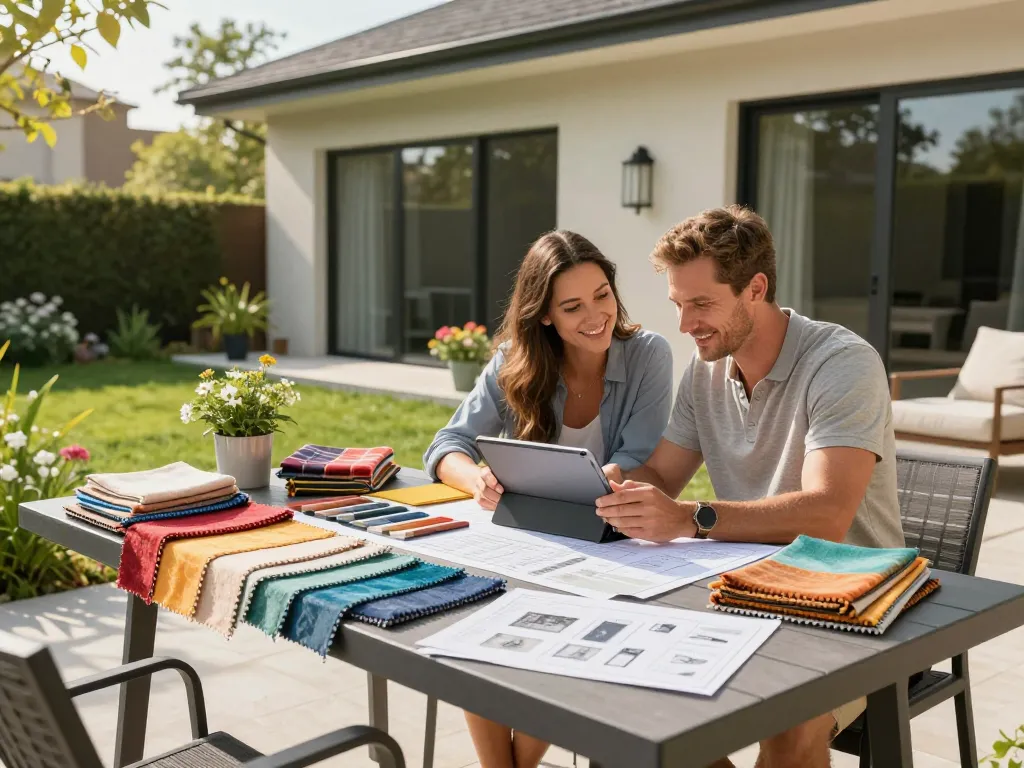 Couple using a veranda configurator to design their outdoor living space.