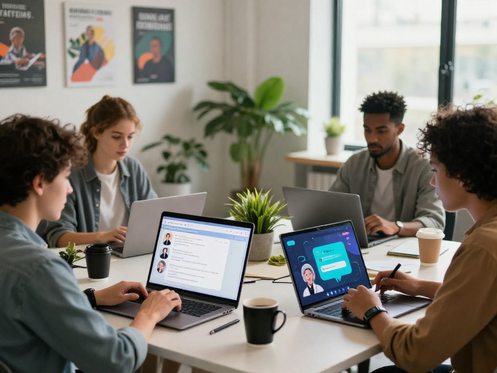 Engaging interaction with porn ai chat in a modern virtual workspace with diverse users and innovative technology.