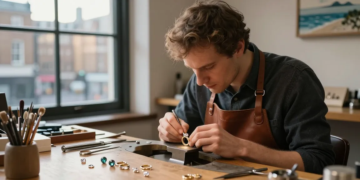 Bespoke engagement ring London creation in a jeweller's workshop with detailed craftsmanship.