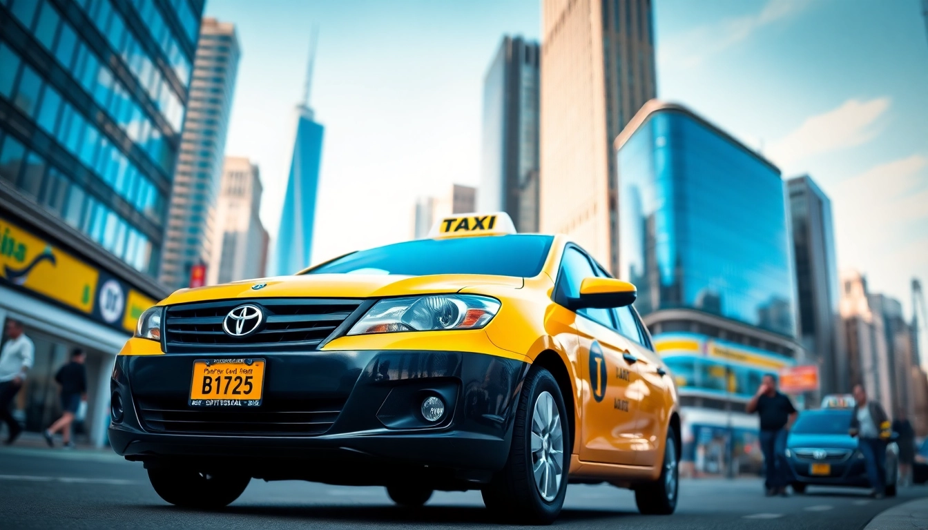 Taxi driving through a vibrant cityscape, showcasing urban life and energy.