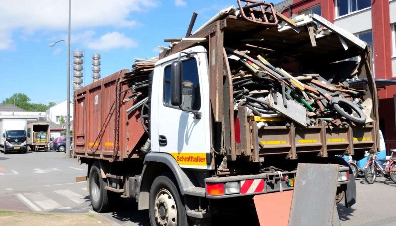 Efficient Schrotthändler Wuppertal collecting scrap metal with a truck in an urban setting.