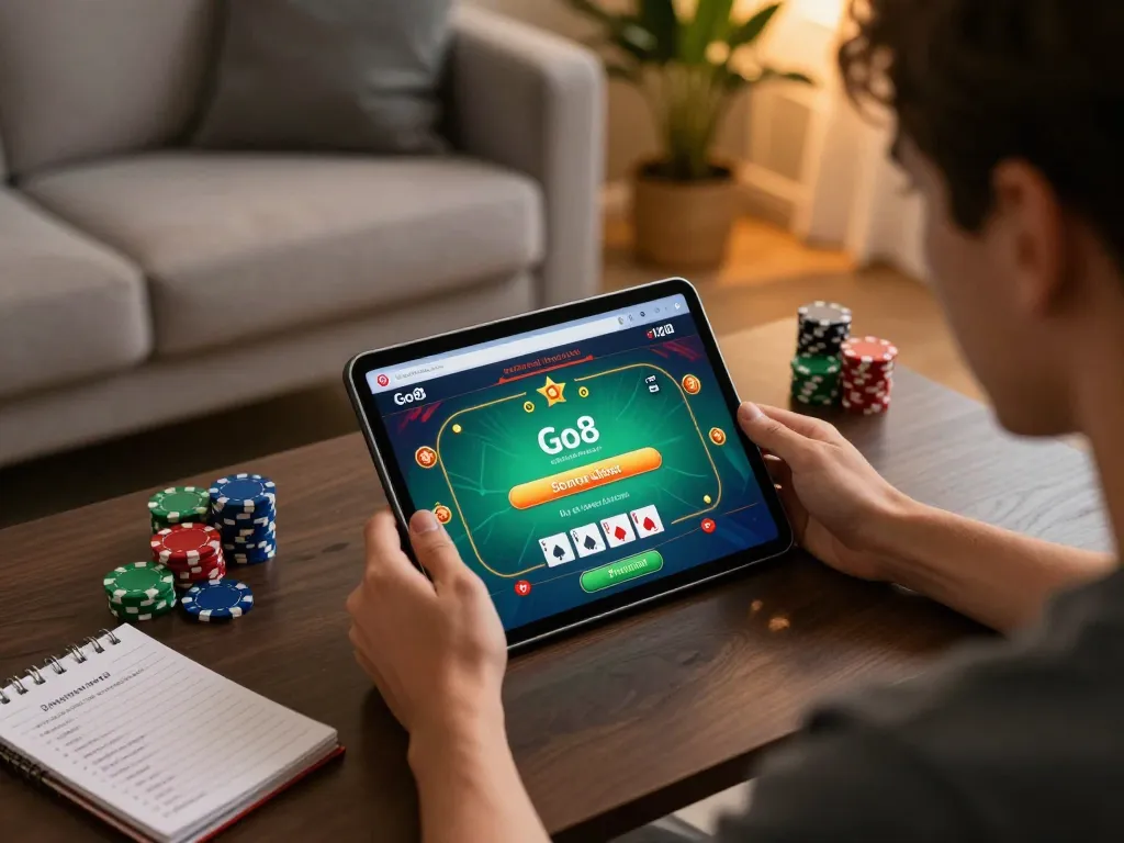 Engaging scene of Go8 đăng nhập for online poker gameplay with tablet and chips.