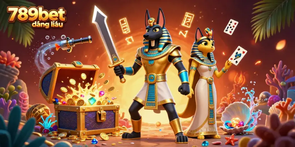 Experience the excitement of 789bet đăng nhập with a vibrant, detailed 3D scene of Anubis and Bastet amidst treasures and glowing symbols.