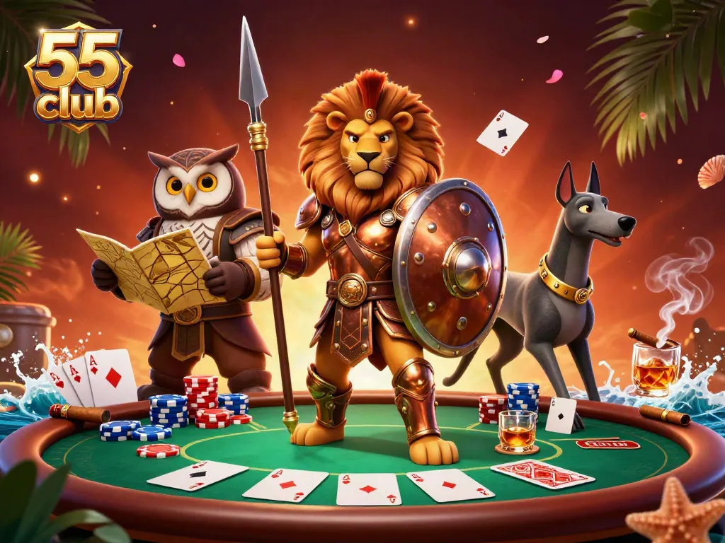 Engage in thrilling gaming at 55 club, with characters portraying poker intensity surrounded by vibrant casino elements.