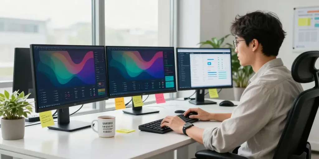 SEO specialist analyzing instant indexing strategies in a vibrant office.