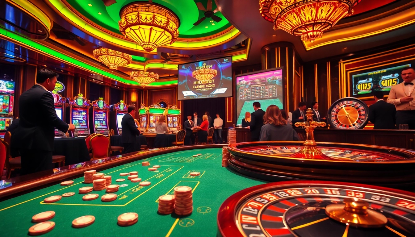Gamblers enjoying an upscale casino experience featuring good88k.blog, with tables, chips, and digital betting.