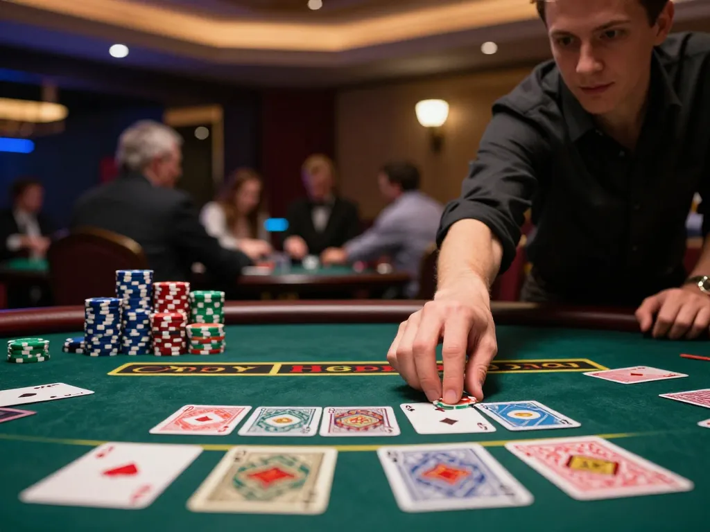 VIC88 player strategically placing a bet at a blackjack table in an upscale casino.