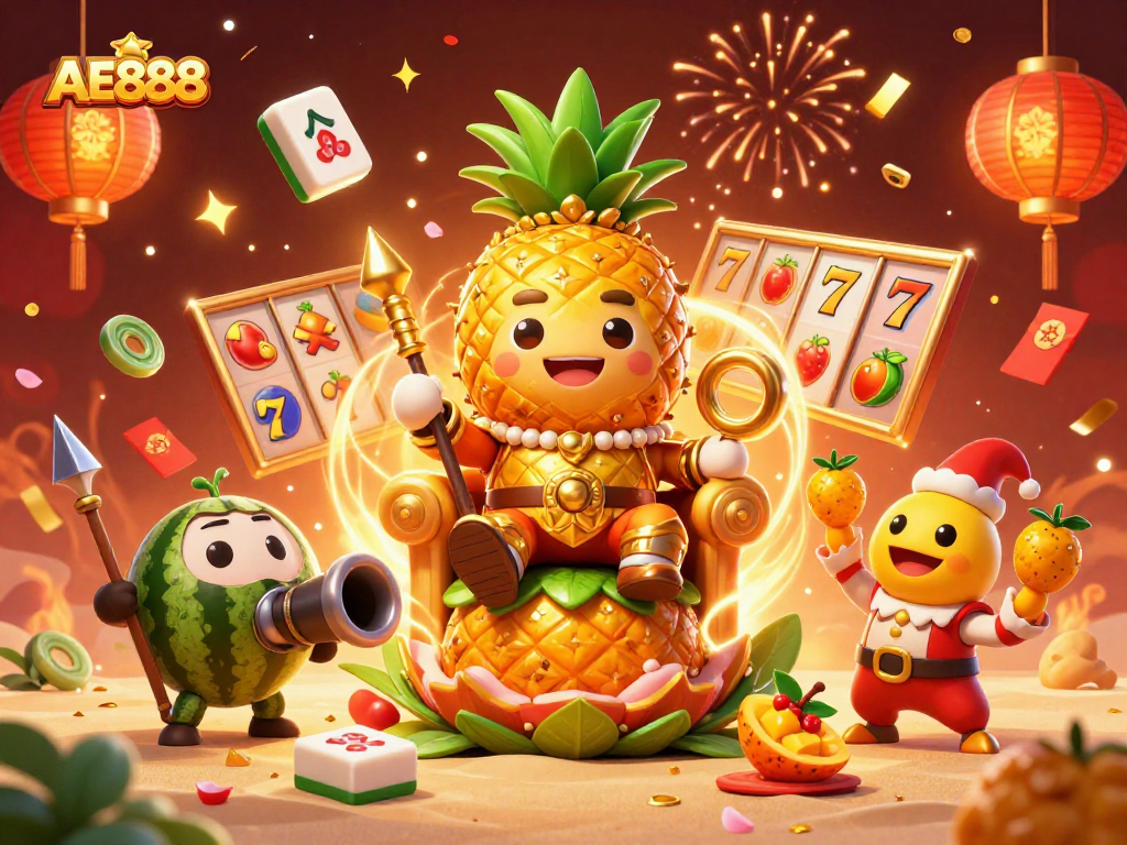 Experience the thrill of AE888 with a vibrant and energetic casino scene featuring 3D characters and slot reels.