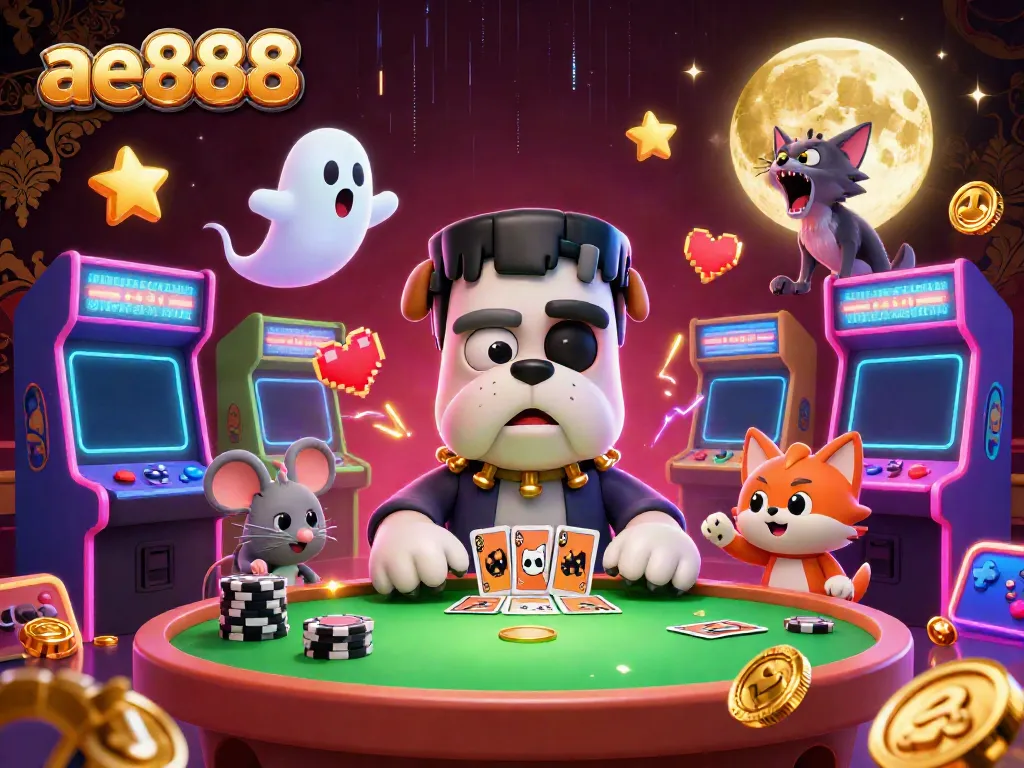 Engage with ae888's lively scene featuring a cartoon bulldog and ghost mouse amidst glowing casino elements.