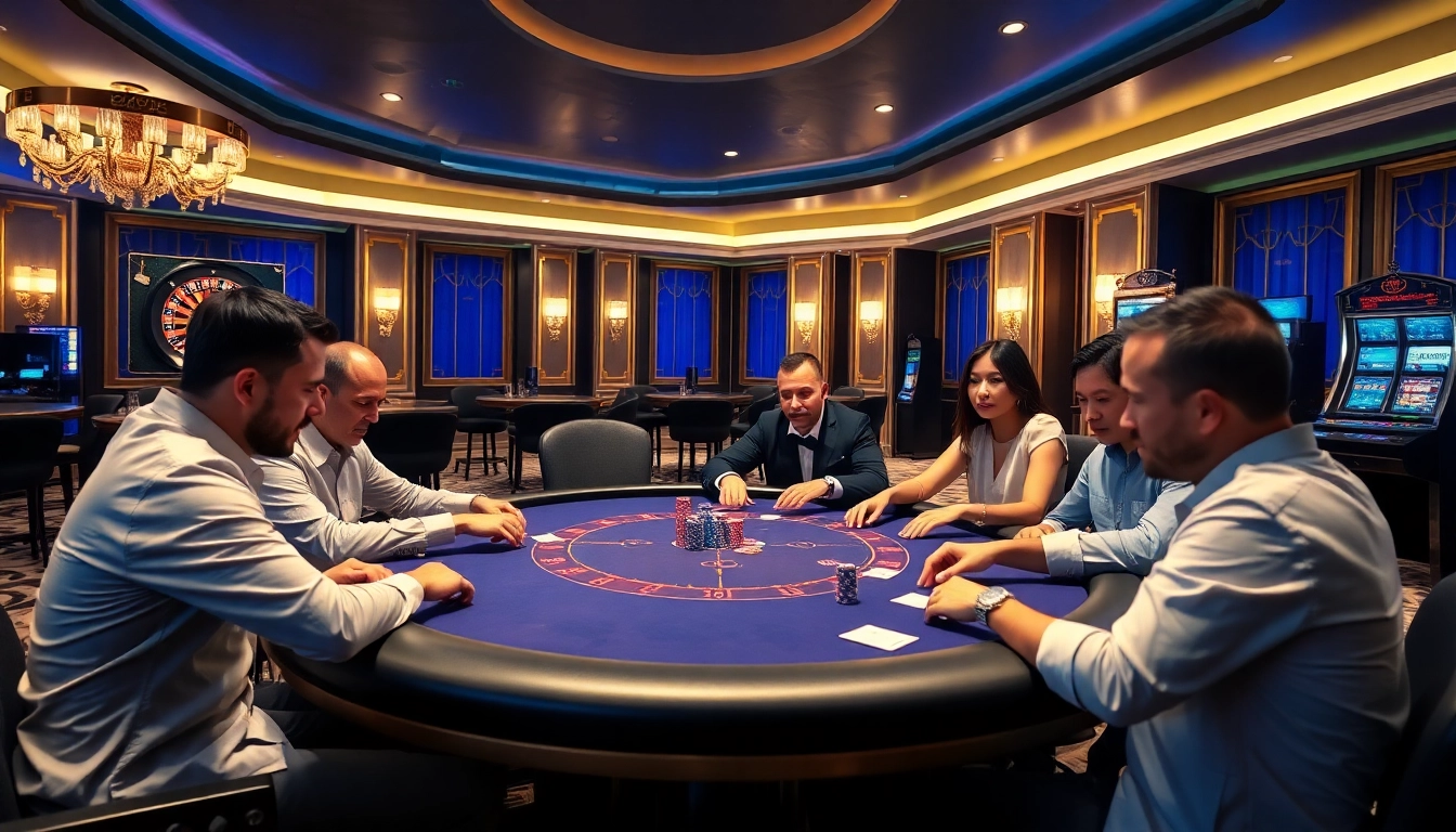 Players engaged in a strategic poker game at https://net88x.net/, showcasing a luxurious casino experience.