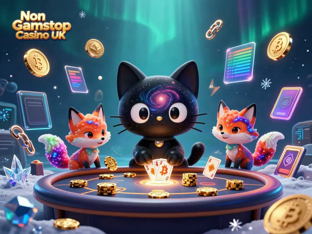 Engage with the vibrant Non Gamstop Casino UK scene featuring a cosmic black hole cat and nebula fox.