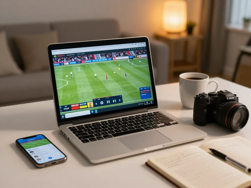 Socolivetv platform displaying live soccer match with a home betting setup featuring mobile and laptop.
