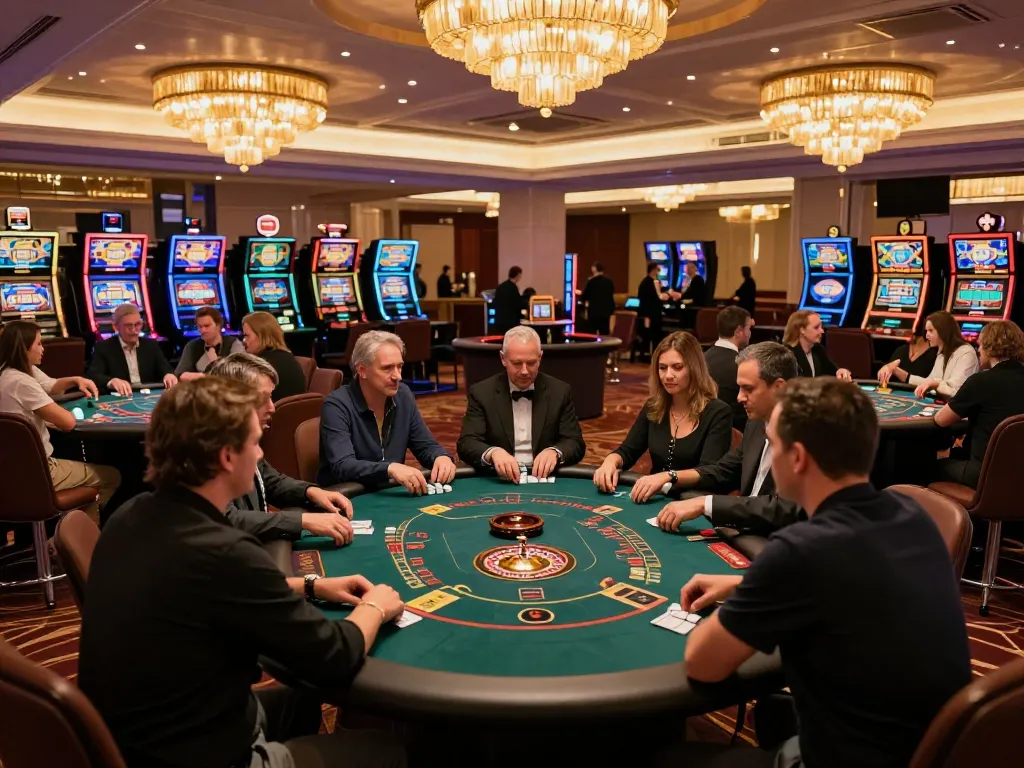 Players enjoying varied casino games at https://vmax88vip.com/ with lively atmosphere and vibrant lighting.
