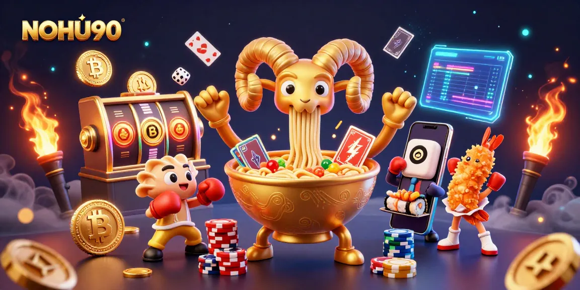 Spin to win with NOHU90's vibrant gaming scene featuring joyful characters and bright casino elements.