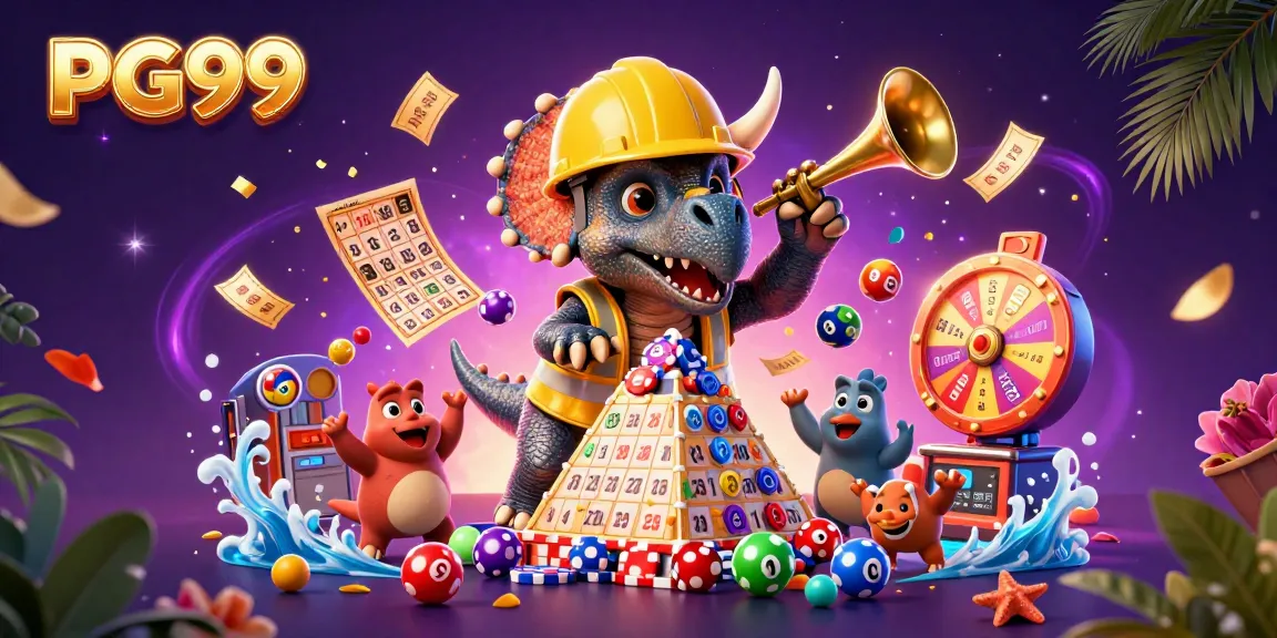 PG99 showcases a vibrant celebration with lottery elements and cheerful characters in a dynamic casino scene.