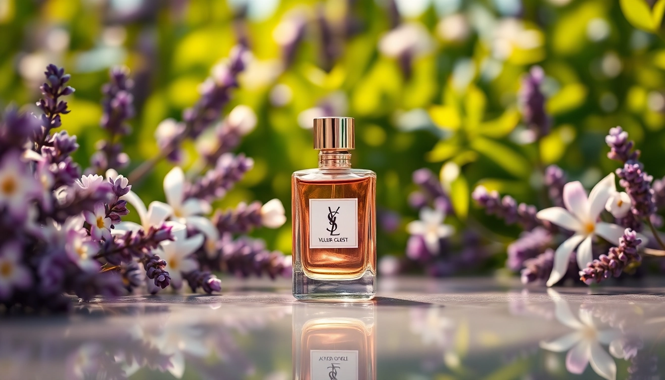 Highlighting a YSL perfume dupe, an elegant bottle surrounded by lavender and jasmine flowers.
