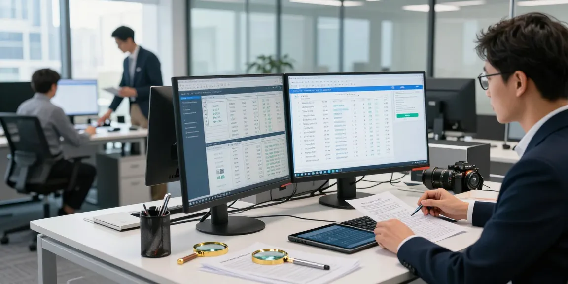Forensic auditor working at a modern office analyzing data, highlighting aafikotabandungb.org emphasis on professional excellence.