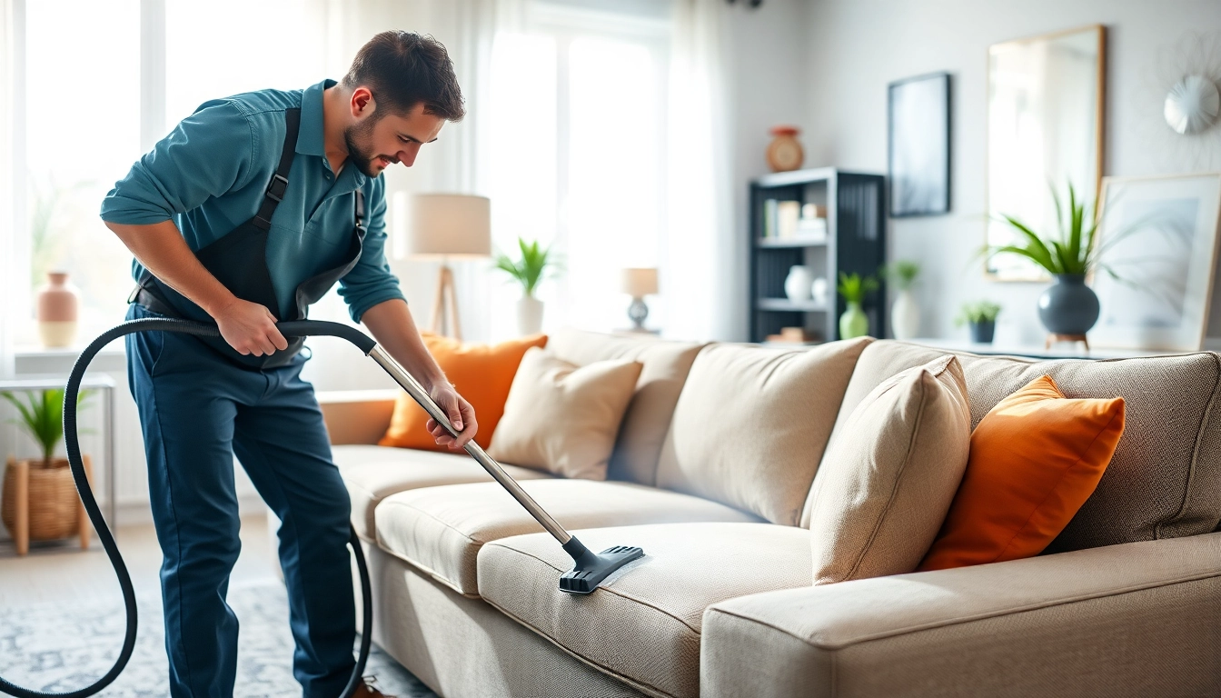 Couch cleaning in Glasgow: Expert cleaning of a plush sofa in a bright, modern living room.
