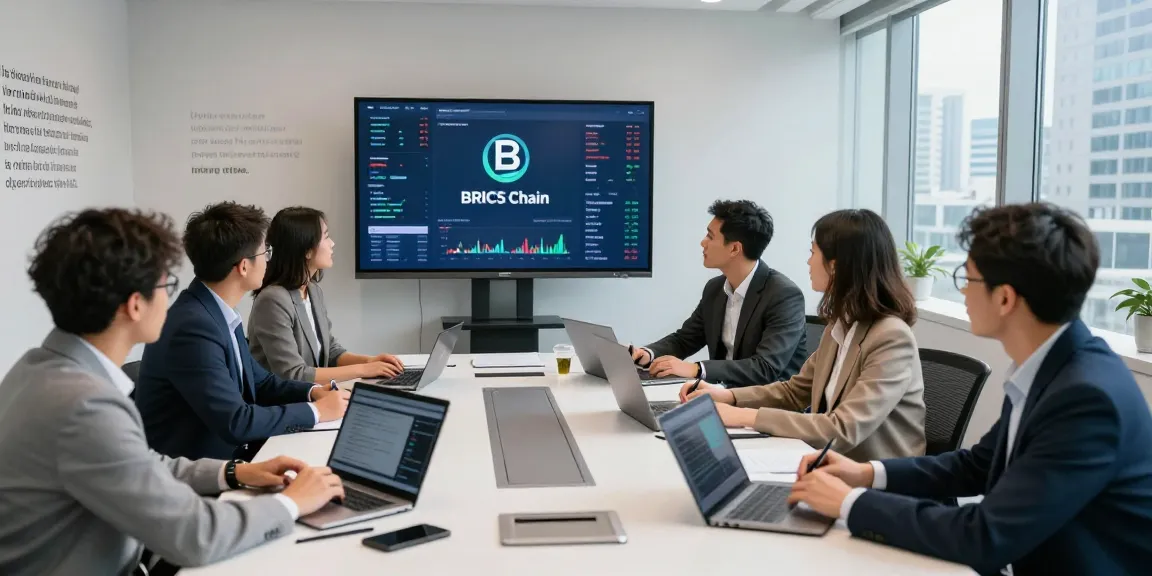 Invest in BRICS coins discussion among diverse investors in modern conference room with market trends displayed.