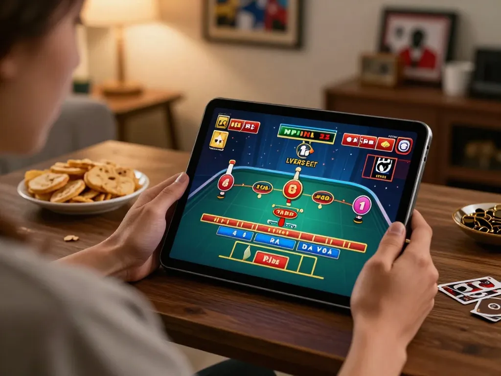 Engaging scene of a player at nhà cái TX666 enjoying live casino games on a tablet in a cozy home setting.