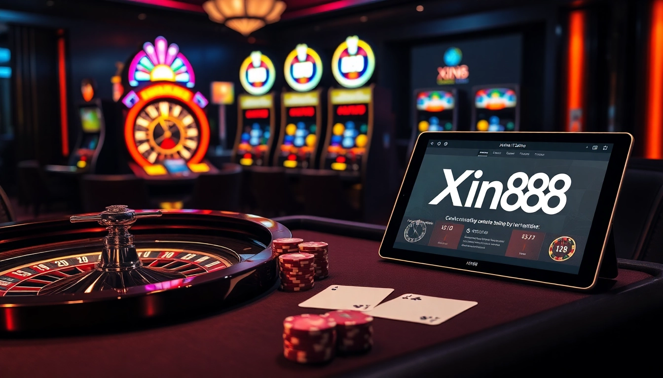 XIN88 casino interface showcasing an upscale poker table and roulette wheel, embodying luxury and exciting gambling.